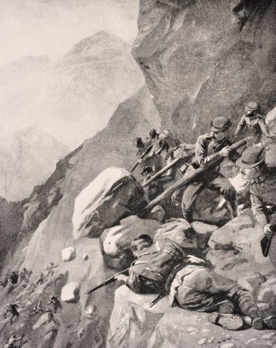 Truppe italiane che fanno rotolare massi sui soldati nemici nelle Dolomiti, 1915, da 